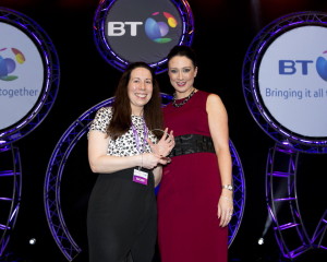 Ruth Murphy, Chief Legal Counsel for BT in Ireland presents the BT Biological and Ecological Educator of Excellence award to Yvonne Higgins from Magh Ene- Donegal.
