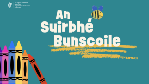 Primary School Survey name in Irish, a bee, crayons and Department of Education and Youth logo